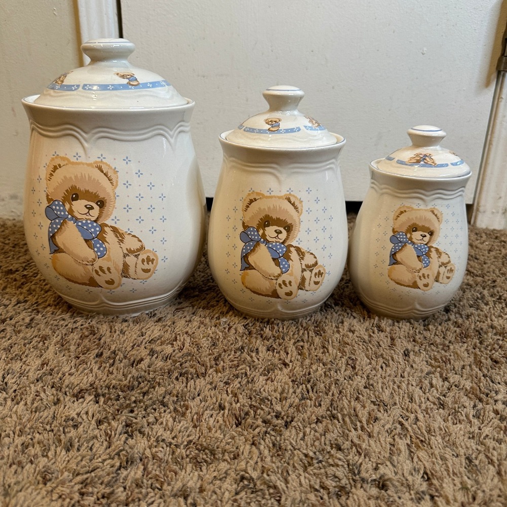 Vintage Tienshan Stoneware Teddy Bear Canister Set of 3 Blue Bow Country Kitchen